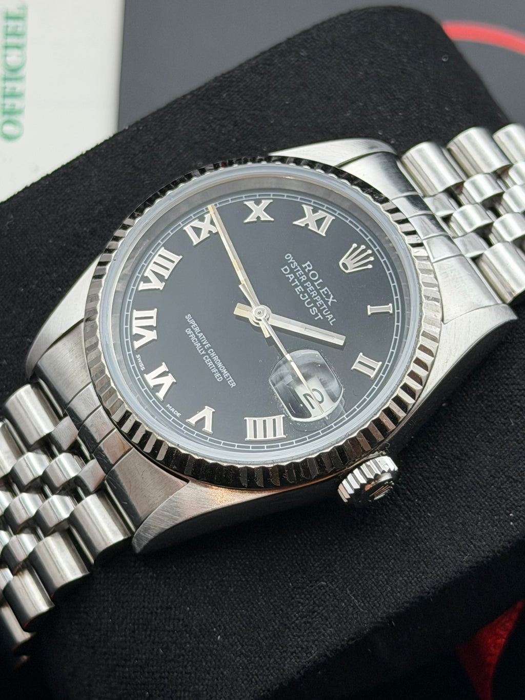 Rolex Datejust 16234 del 1999 quadrante NERO indici romani scatola e garanzia!