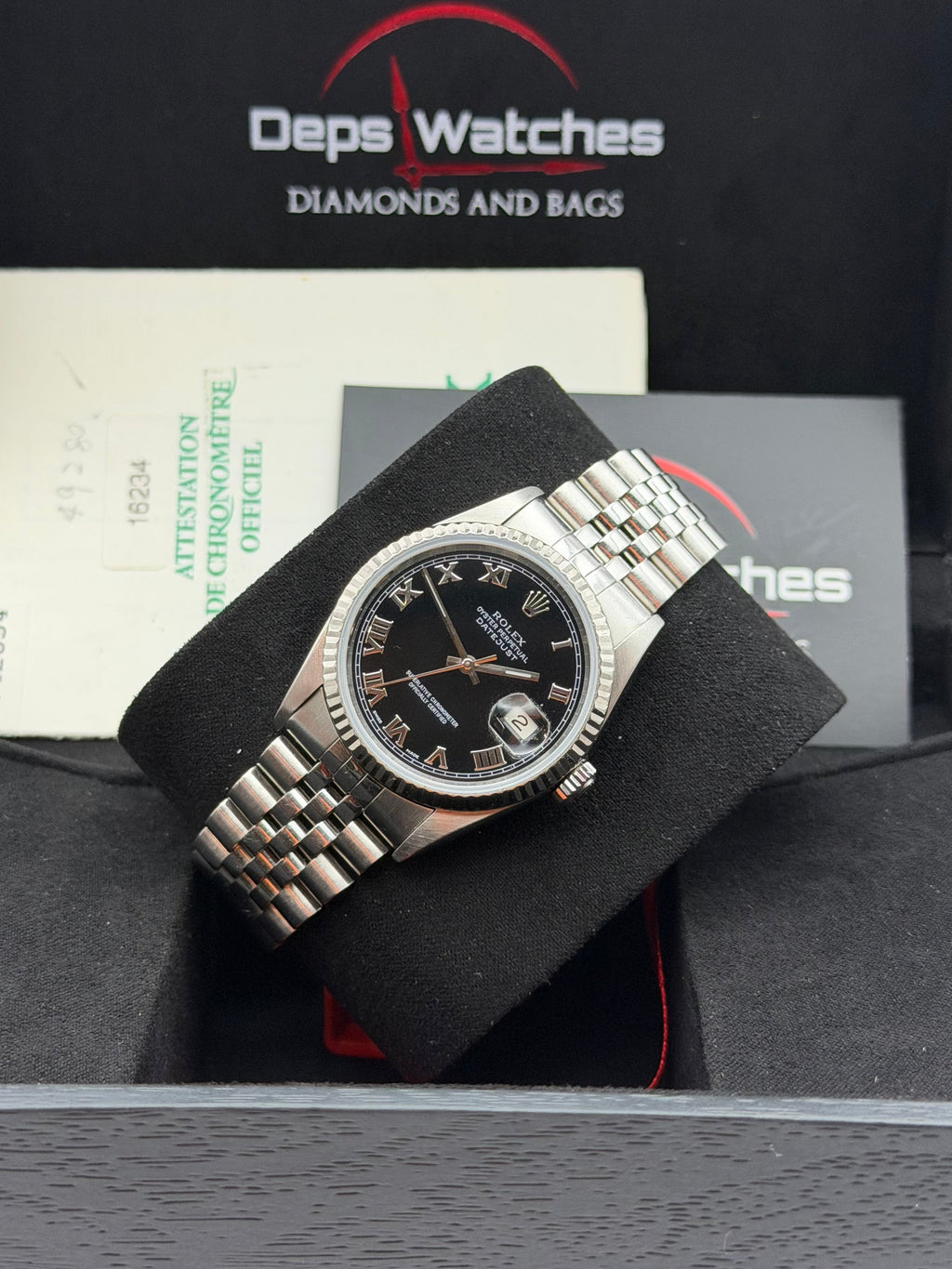 Rolex Datejust 16234 del 1999 quadrante NERO indici romani scatola e garanzia!