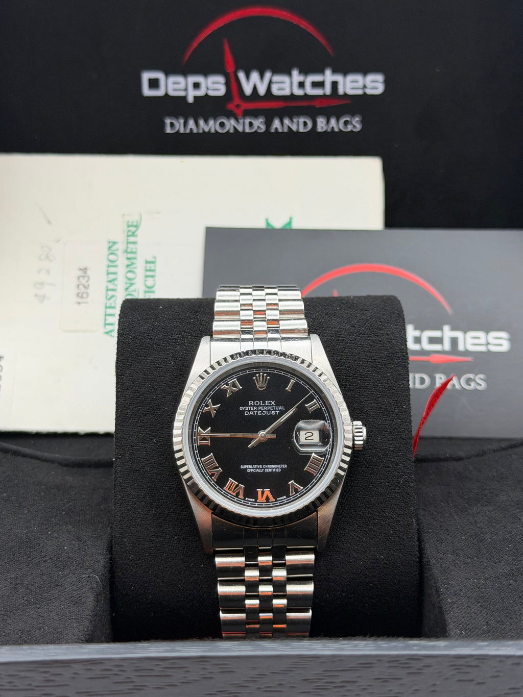 Rolex Datejust 16234 del 1999 quadrante NERO indici romani scatola e garanzia!