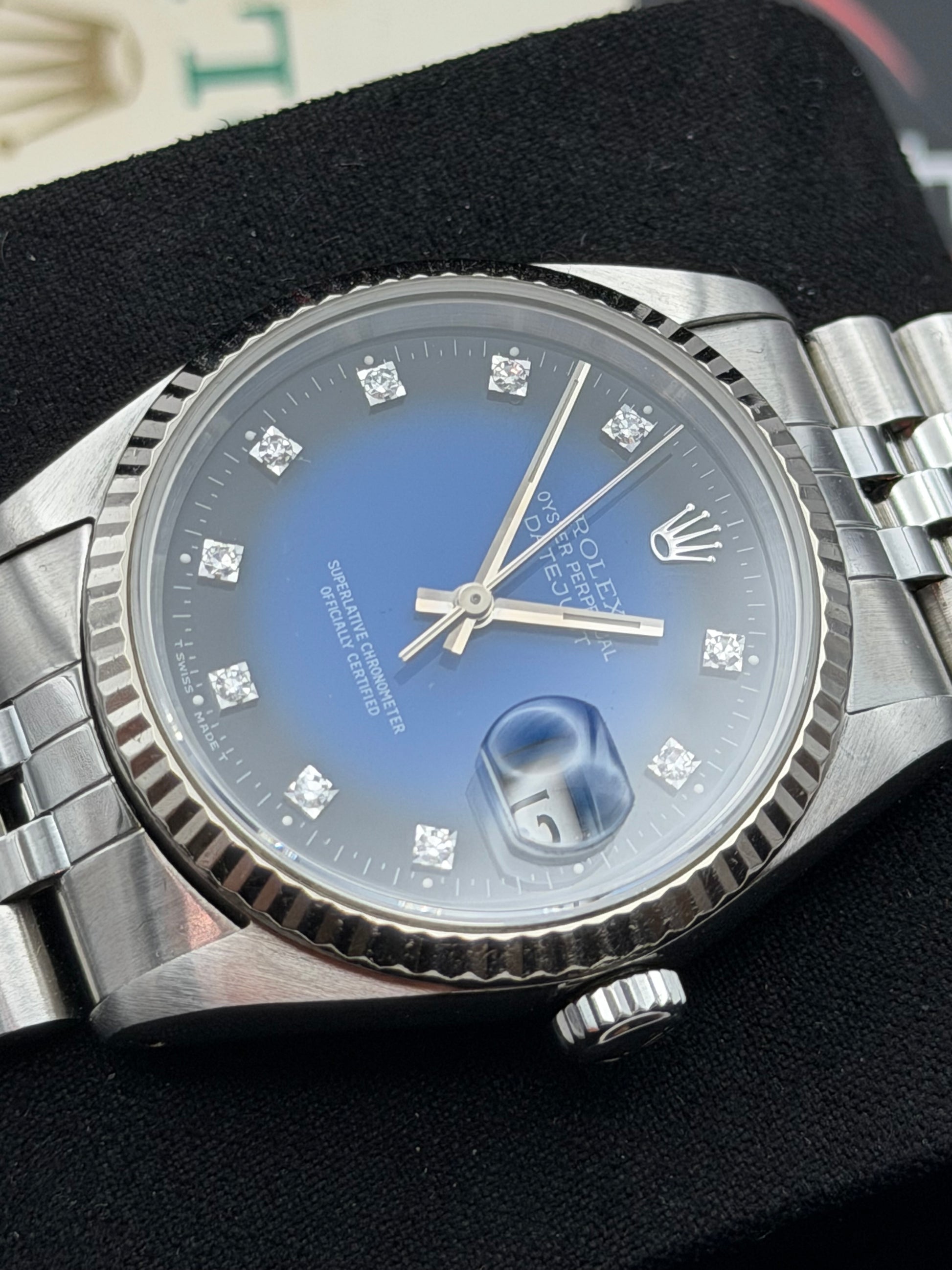 Rolex Datejust 16234 del 1991 raro quadrante blu degradé con brillanti scatola e garanzia!