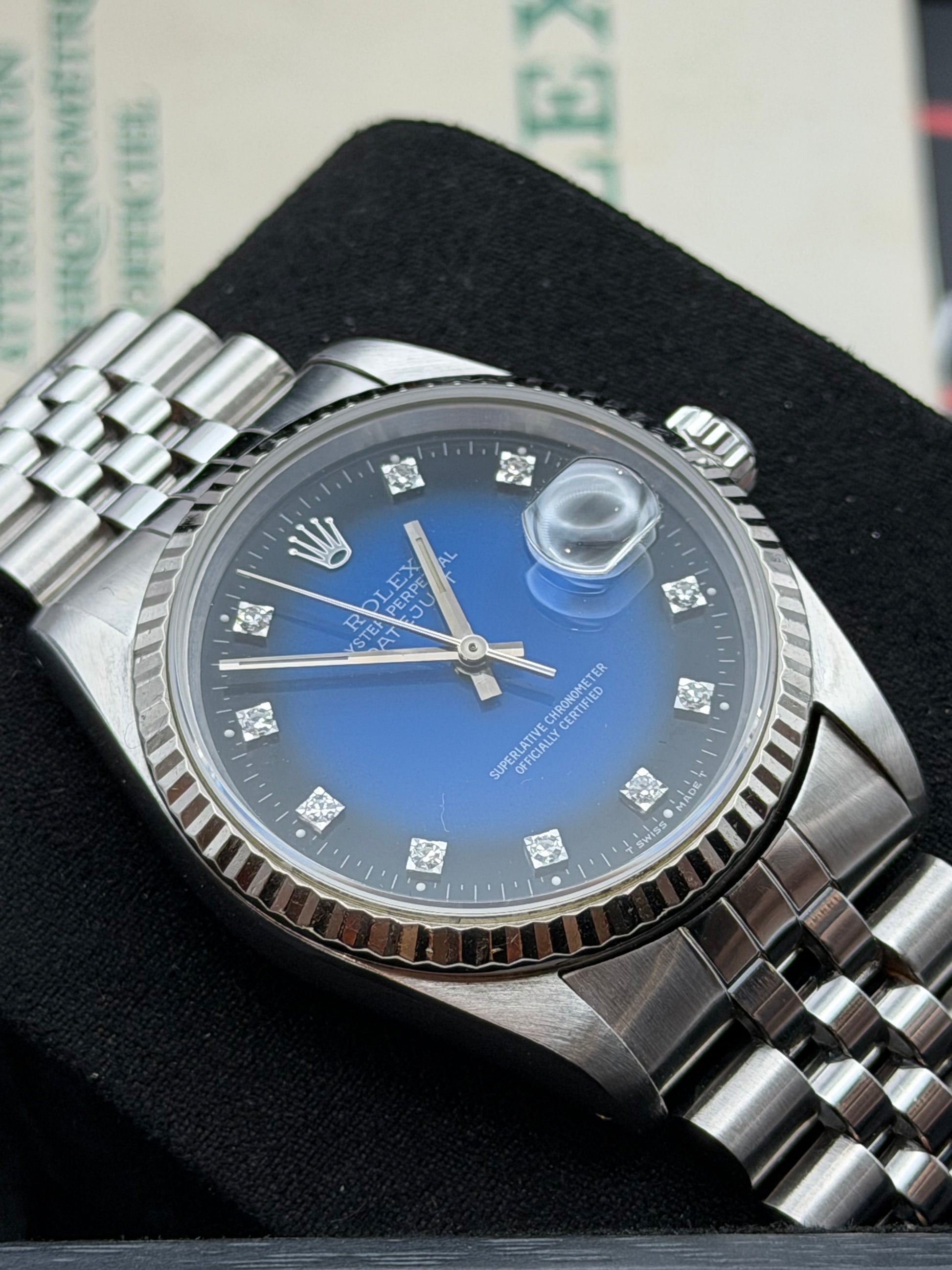 Rolex Datejust 16234 del 1991 raro quadrante blu degradé con brillanti scatola e garanzia!