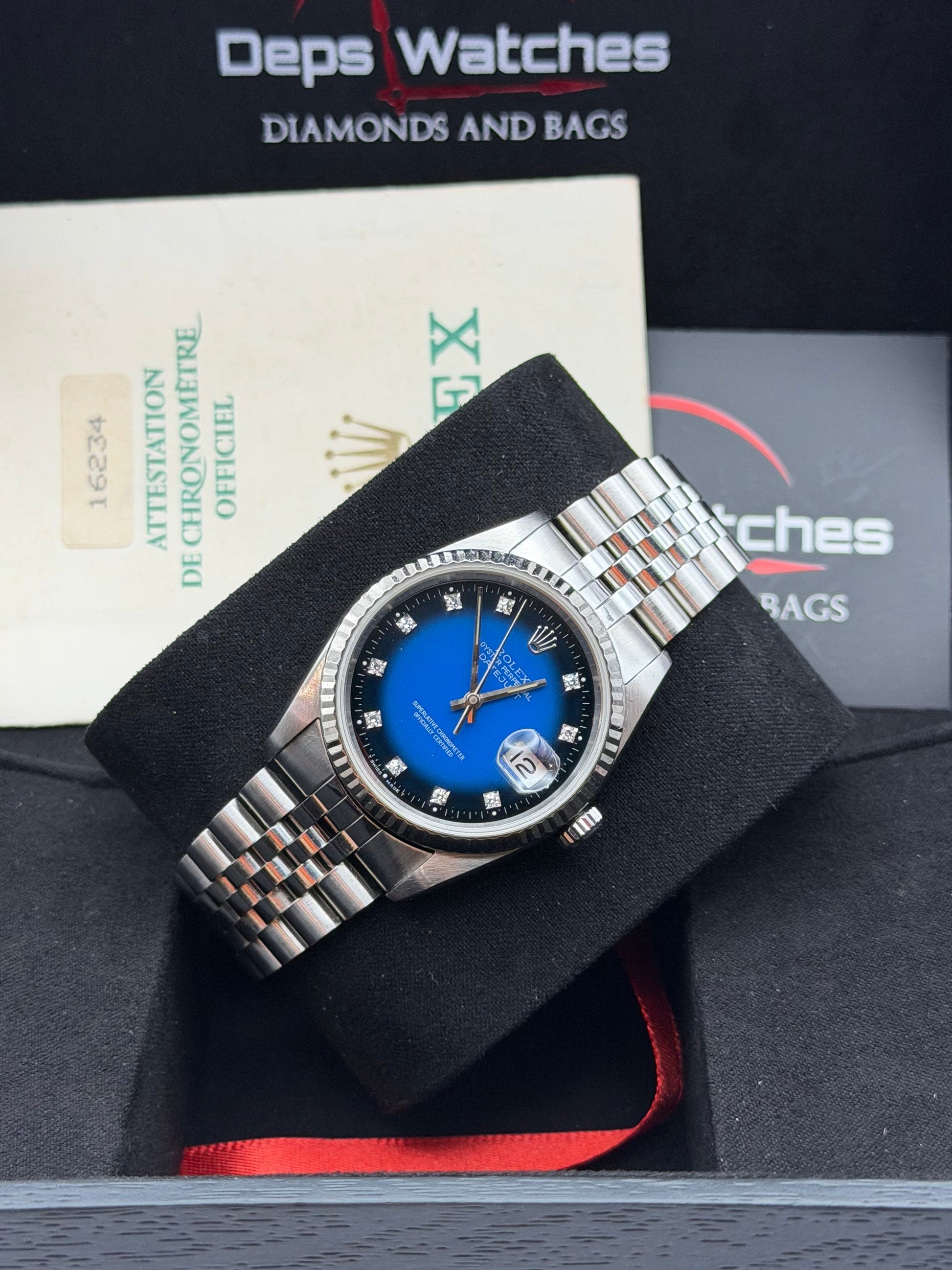 Rolex Datejust 16234 del 1991 raro quadrante blu degradé con brillanti scatola e garanzia!
