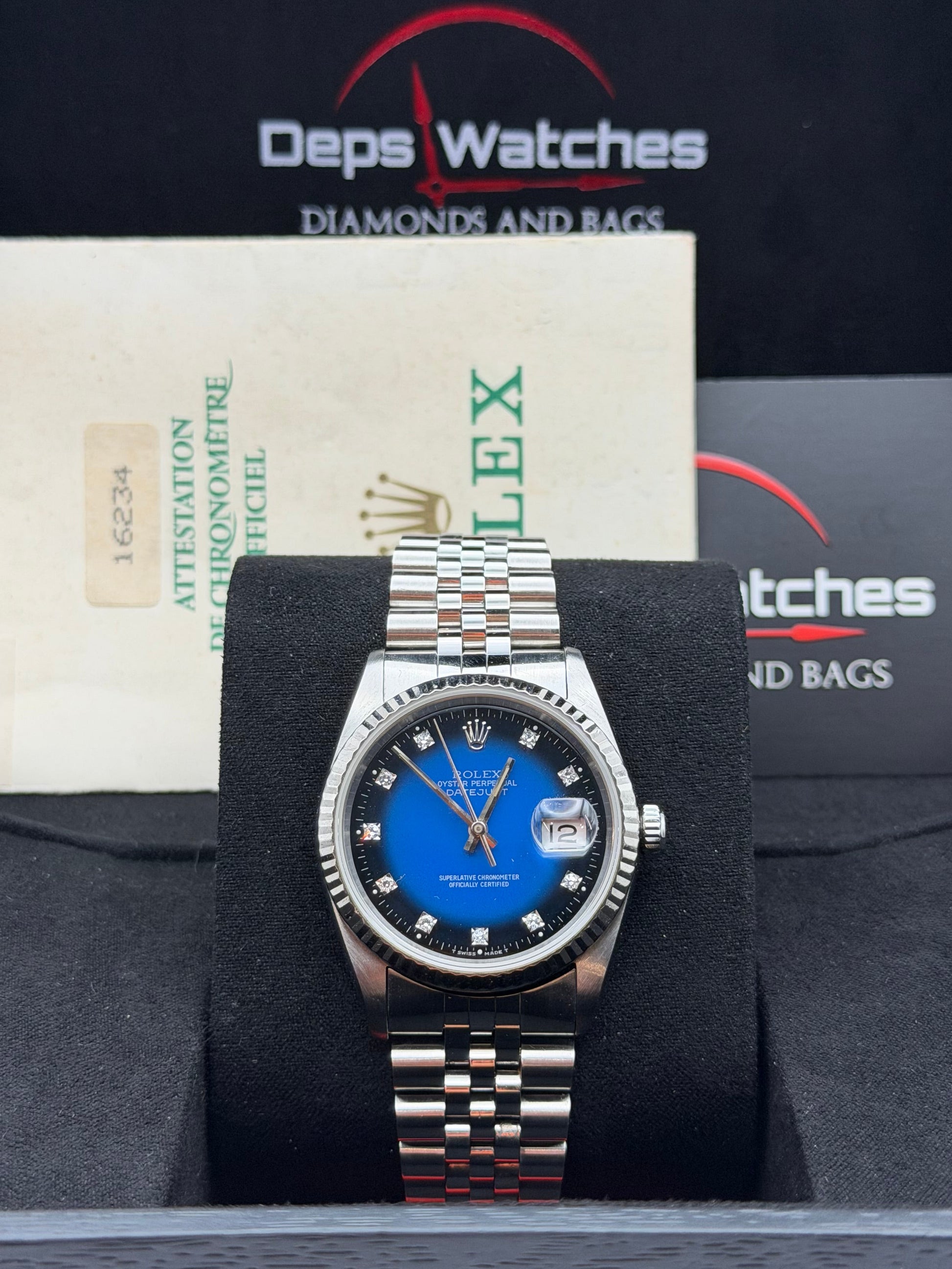 Rolex Datejust 16234 del 1991 raro quadrante blu degradé con brillanti scatola e garanzia!