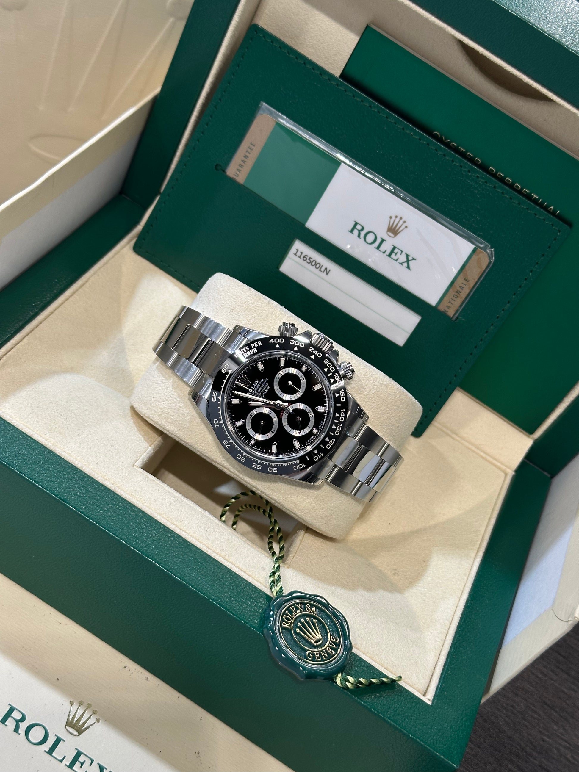 Rolex Daytona 116500 NOS quadrante nero del 2020 FULL SET e FULL PELLICOLE con QR laterale