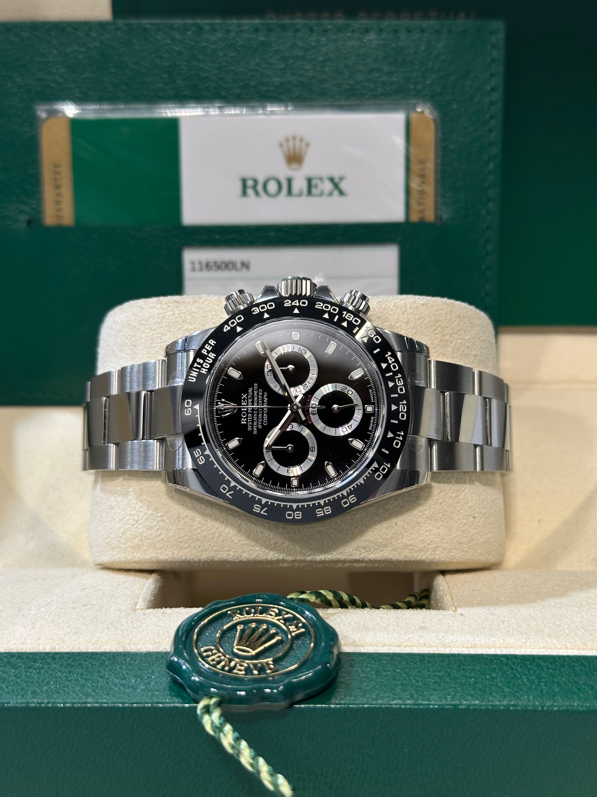 Rolex Daytona 116500 NOS quadrante nero del 2020 FULL SET e FULL PELLICOLE con QR laterale