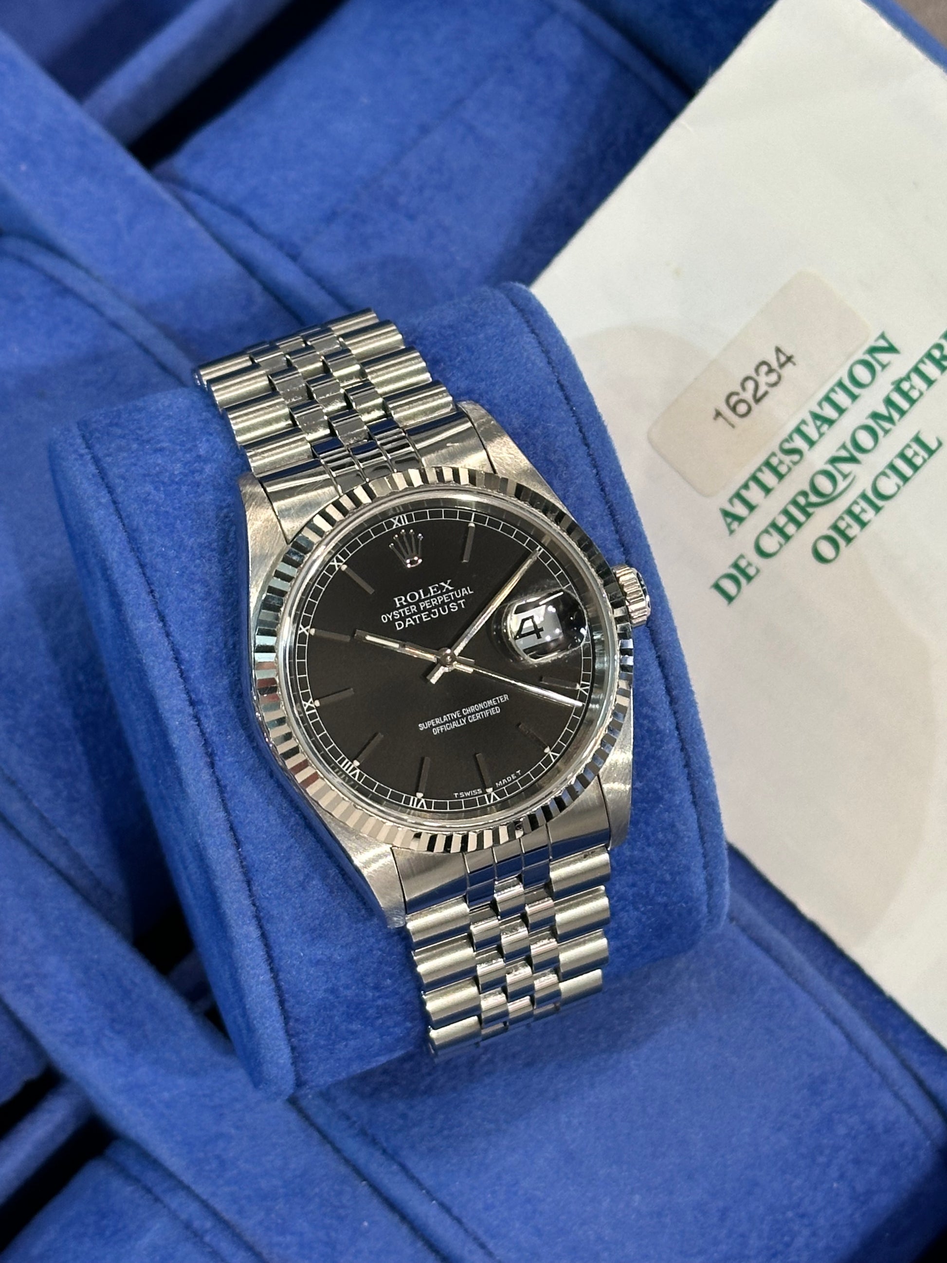 Rolex Datejust 16234 del 1999 quadrante NERO indici bastone scatola e garanzia!